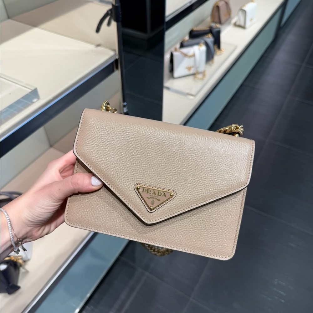 PRADA Saffiano Soft Calfskin Leather Chain Shoulder Bag Beige - Picture 5 of 5